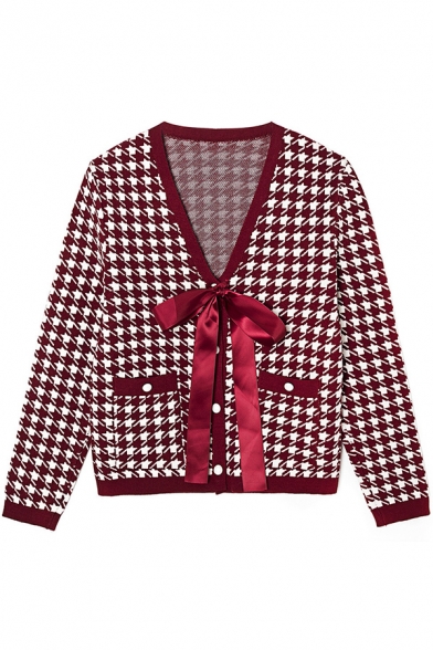 Fancy Womens Cardigan Houndstooth Long Sleeve Deep V-neck Bow-tied Front Regular Knit Cardigan