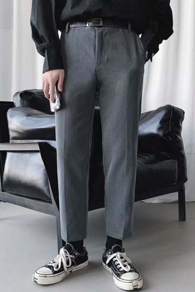Mens Formal Pants Solid Color Belted Waist Ankle Length Straight Pants