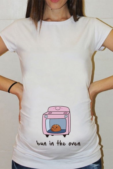Popular Funny Letter BUN IN THE OVEN White Graphic Maternity T-Shirt