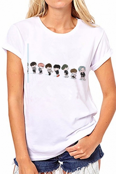 Popular Kpop Boy Band Cartoon Figure Printed White Short Sleeve T-Shirt