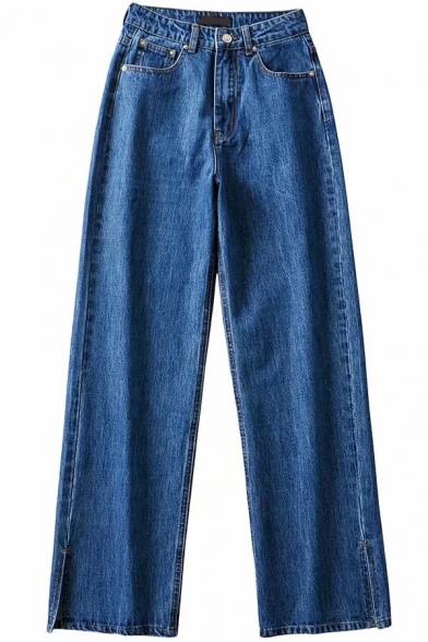 Popular Womens Jeans Plain High Waist Slit Sides Long Wide-leg Jeans
