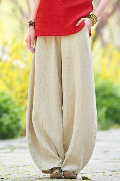 Retro Womens Pants Linen Mid Rise Plain Long Length Baggy Pants