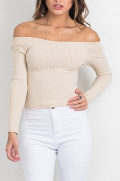 Sexy Plain Off the Shoulder Long Sleeve Cropped Blouse