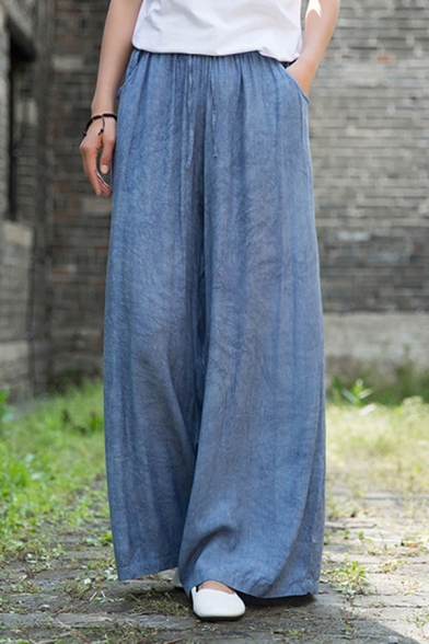 Simple Womens Pants Solid Color Drawstring Waist Long Length Wide-leg Pants