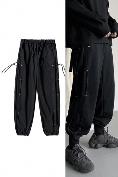 Street Mens Pants Button Sides Drawstring Waist Ankle Relaxed Fit Solid Pants