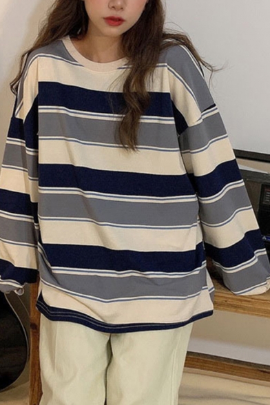 Stylish Women's Tee Top Color Stripe Pattern Crew Neck Long Sleeve Relaxed Fit T-Shirt