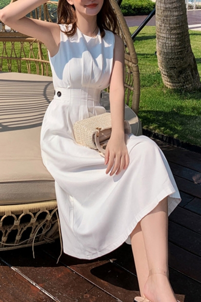Womens Dress Creative Solid Color Waist-Control Midi Sleeveless Crew Neck A-Line Dress in White