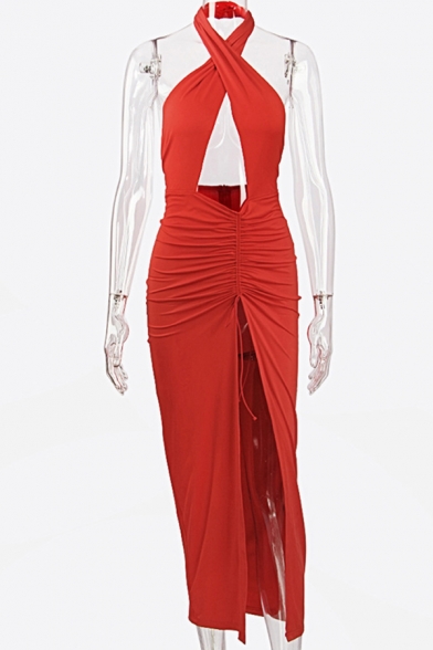 Boutique Ladies Dress Plain Halter Criss Cross Drawstring Open Back High Slit Maxi Fitted Tank Dress