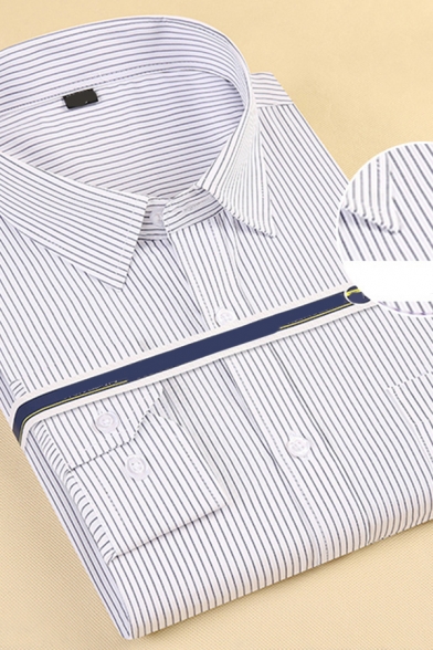 Business Shirt Pinstripes Grids Pattern Single Breasted Chest Pocket Spread Collar Slim-fit Long Sleeve Shirt for Men