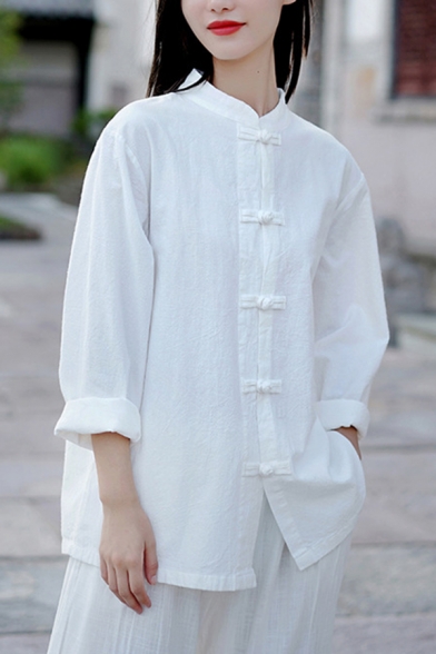 Chinese Style Womens Shirt Long Sleeve Mandarin Collar Frog Button Solid Loose Fit Shirt