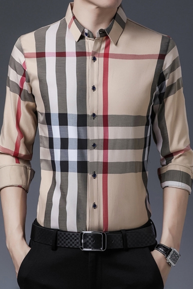 Classic Mens Shirt Plaid Pattern Curved Hem Single Breasted Long Sleeve Spread Collar Slim Fit Shirt with Chest Pocket