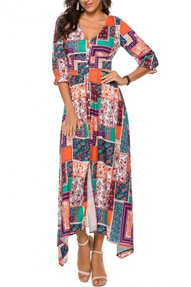 Classic Women's A-Line Dress Tribal Graphic Print V Neck Long Sleeve Maxi A-Line Dress