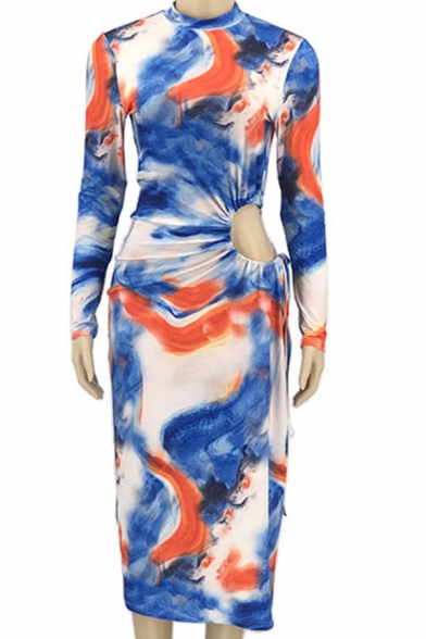 Creative Dress Abstract Print Long Sleeve Mock Neck Drawstring Cut Out High Slit Mid Fitted Dress in Blue