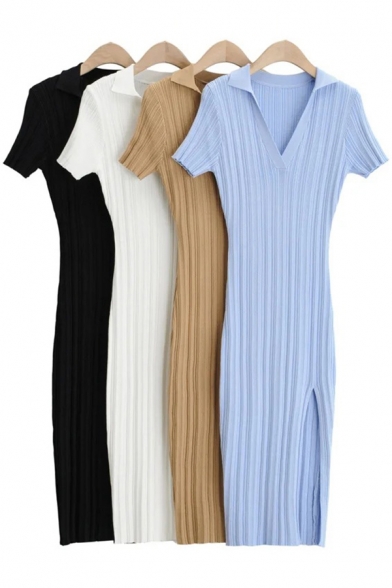 Elegant Womens Dress Ribbed Solid Color Short Sleeve V-neck Slit Side Mid Fitted Dress