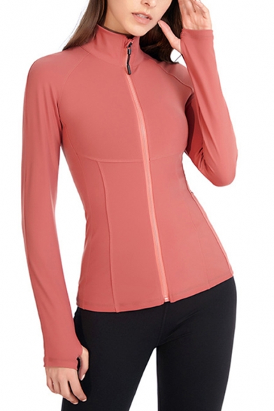 Fancy Women's Workout Jacket Flatlock Stitching Zip Closure Long Sleeve Slim Fitted Training Jacket