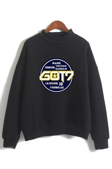 GOT7 Circle Letter Printed Mock Neck Long Sleeve Fitted Pullover Sweatshirt