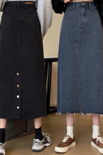 Leisure Women's Denim Skirt Faded Wash Frayed Hem High Rise Button Detail Long Denim Skirt