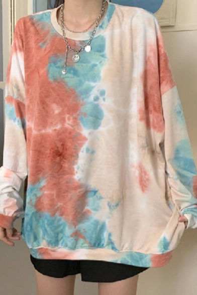 Leisure Women's Tee Top Tie Dye Print Crew Neck Long Sleeve Relaxed Fit T-Shirt