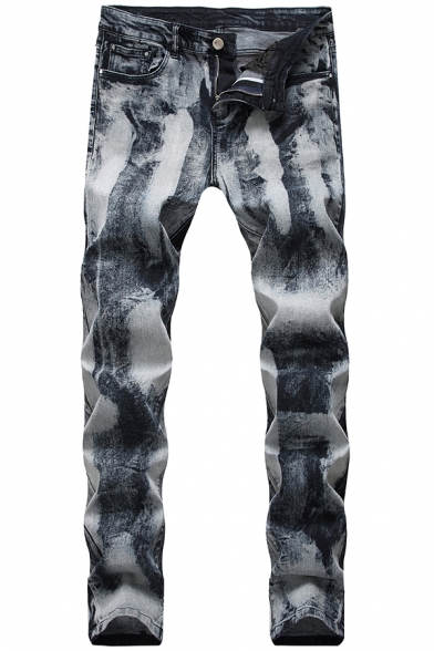 Men's Retro Bleach Wash Stretch Slim Fit Grey Jeans