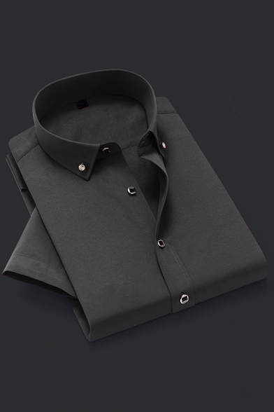 Mens Formal Shirt Solid Color Long Sleeve Button Down Collar Regular Fit Shirt Top