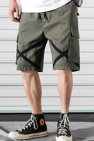 Mens Pants Stylish X-Cross Tape Cuffed Flap Pockets Drawstring Waist Loose Fit 7/8 Length Tapered Cargo Pants