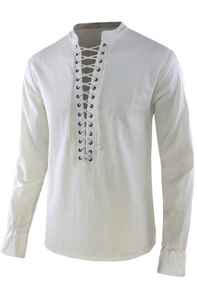 Mens T-Shirt Traditional Plain Color Lace-up Front Stand Collar Regular Fit Long Sleeve T-Shirt