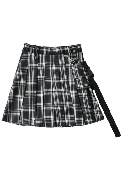 Punk Style Half Zip Front Plaid Pattern Print Mesh-Paneled Mini A-Line Skirt