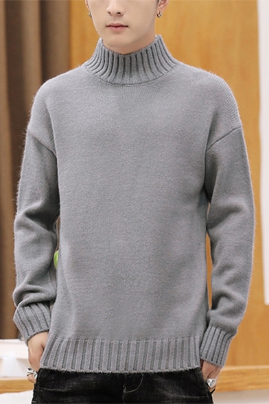 Retro Mens Sweater Chenille Rib Trim Mock Neck Drop Shoulder Long Sleeve Loose Fit Sweater