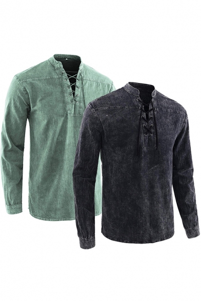 Retro Mens T-Shirt Faded Color Lace-up Design Slim Fit Stand Collar Long Sleeve Tee Shirt