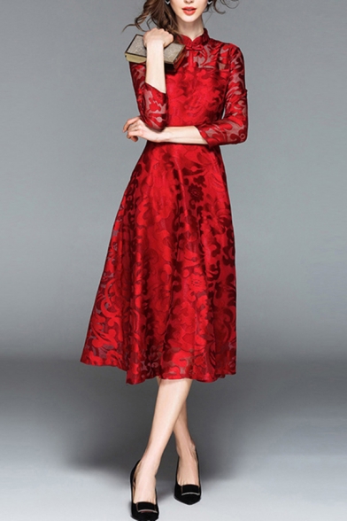 Retro Womens Dress Semi-Sheer Floral Pattern Long Sleeve Mandarin Collar Mid A-line Dress