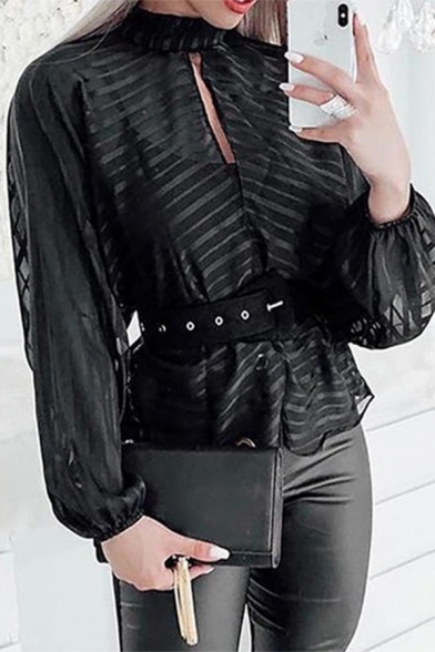 Sexy Cool Women Long Sleeve Crew Neck Cut Out Front Stripe Sheer Mesh Relaxed Fit Shirt in Black