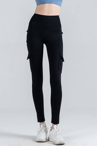 Sexy Solid Color High Waist Flap Pockets Ankle Length Skinny Leggings