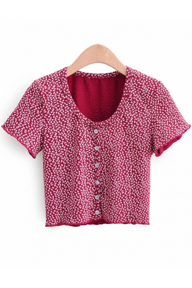 Simple Shirt Ditsy Floral Printed Short Sleeve V-neck Button Up Slim Fit Crop Shirt Top for Girls
