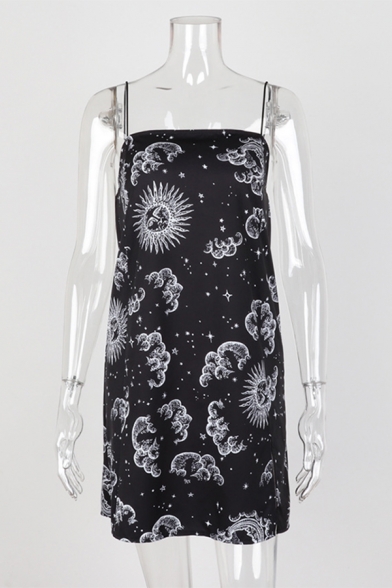 Street Style Cartoon Sun Moon Printed Black Mini Slip Dress