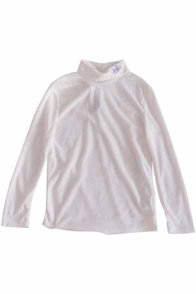 Stylish Women's Tee Top Fleece Cartoon Embroidered Turtle Neck Long Sleeve Regular Fitted T-Shirt