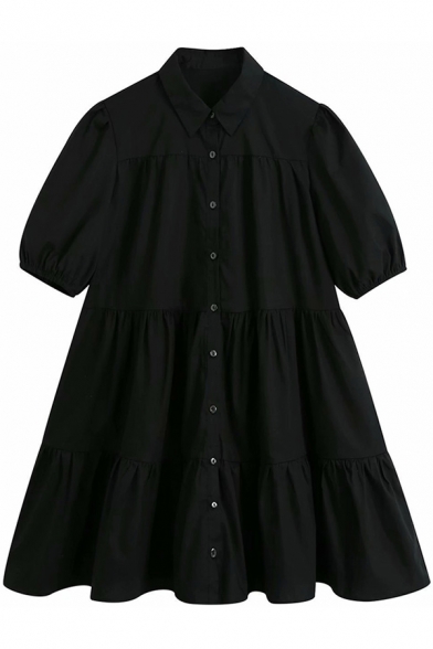Stylish Womens Dress Plain Short Sleeve Turn-down Collar Button-up Short Swing Shirt Dress in Black