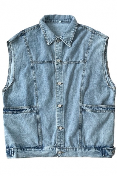 Trendy Boys Vest Cap Sleeve Spread Collar Button Up Relaxed Denim Vest in Blue