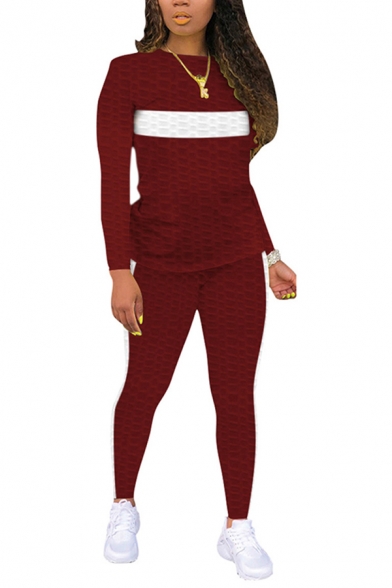 Trendy Womens Co-ords Contrasted Long Sleeve Crew Neck Slim Fit Waffle Tee Top & Pants Set