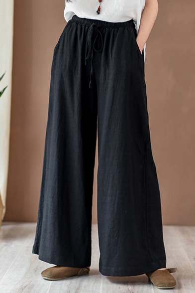 Vintage Womens Pants Linen Plain Drawstring Waist Long Length Wide-leg Pants