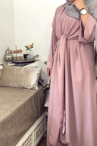 Womens Dress Traditional Plain Color Double High Slit Self-Tie Long Sleeve Round Neck Loose Maxi Dubai Robe