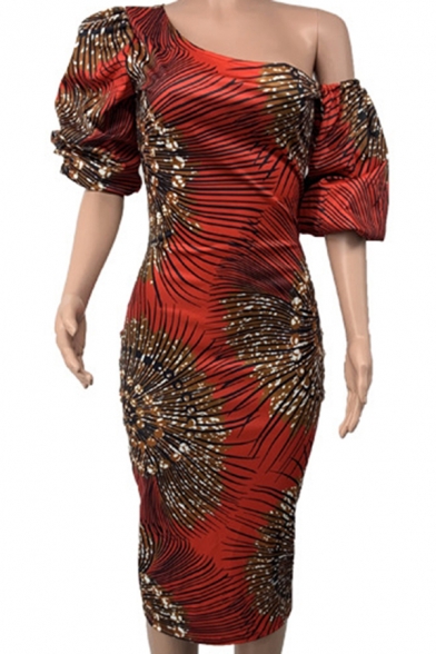 Womens Fashion Pencil Dress Abstract Printed Back Split Slopping Shoulder Slim-fit Half Lantern Sleeve Knee Length Dress
