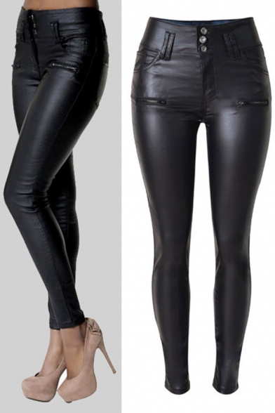 Womens Pants Stylish PU Leather Ankle Length Three-Button High Waist Slim Pencil Pants