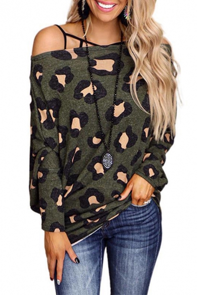 Basic Women's Tee Top Leopard Print off the Shoulder Long Sleeve Regular Fitted T-Shirt