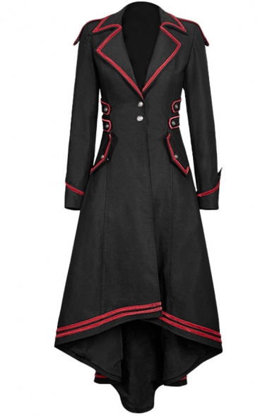 Black Vintage Dress Contrast Pipe Long Sleeve Notched Collar Button Up High Low Mid A-line Dress for Women