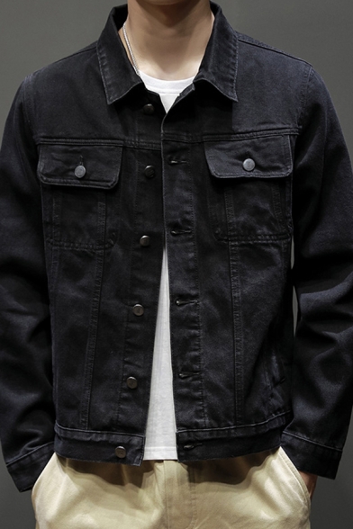 Cool Mens Jacket Solid Color Long Sleeve Spread Collar Button Up Flap Pockets Relaxed Denim Jacket in Black