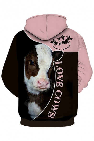 Creative Mens 3D Cartoon Cow Letter Love Cows Graphic Contrasted Long Sleeve Drawstring Kangaroo Pocket Relaxed Hoodie in Black