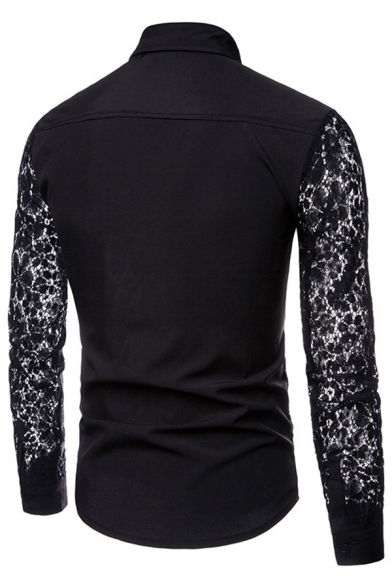 Elegant Men's Shirt Contrast Lace Mesh Button Fly Point Collar Long Sleeve Regular Fitted Shirt