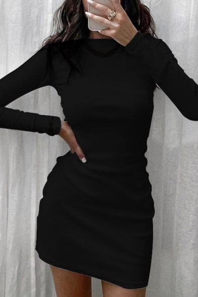 Elegant Women's T-Shirt Solid Color Round Neck Long Sleeve Mini Bodycon Dress