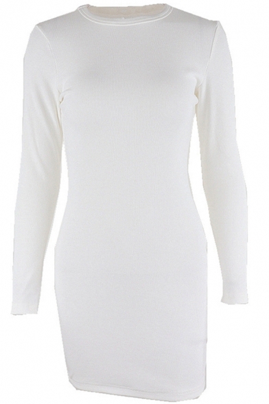 Elegant Women's T-Shirt Solid Color Round Neck Long Sleeve Mini Bodycon Dress
