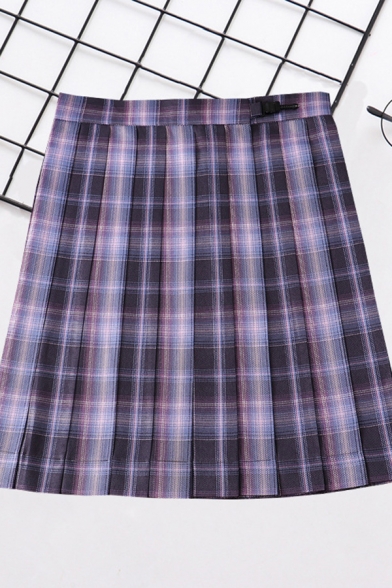 Fancy Women's Skirt Plaid Pattern High Rise Pleated Detailed Regular Fitted Mini A-Line Skirt